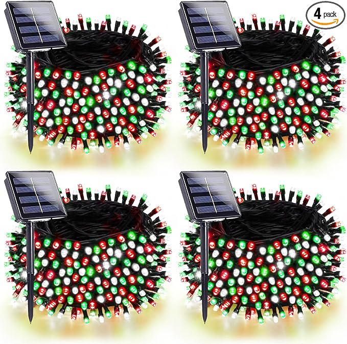 4 Pack 180FT Solar Christmas Lights Outdoor Waterproof, Super Bright 320 LED Solar String Lights with 8 Lighting Modes, Green Wire Twinkle Tree Light for Outside Xmas Party Decor (Red White and Green)