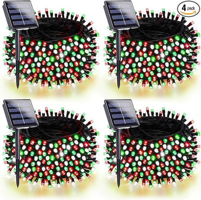 4 Pack 180FT Solar Christmas Lights Outdoor Waterproof, Super Bright 320 LED Solar String Lights with 8 Lighting Modes, Green Wire Twinkle Tree Light for Outside Xmas Party Decor (Red White and Green)
