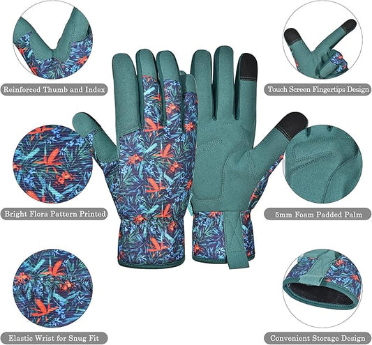 Gardening Gloves for Women and Men, Garden Gloves with Touch Screen, Thorn Proof Puncture Resistant Working Gloves, Gardening Gifts for Women,Blue-red-green flowers M