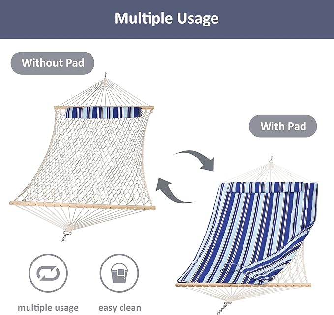 SUNCREAT Rope Hammocks 2 Person Hammock with Stand, Portable Patio Hammock with 13.5 ft Wooden Stand, Blue Stripes