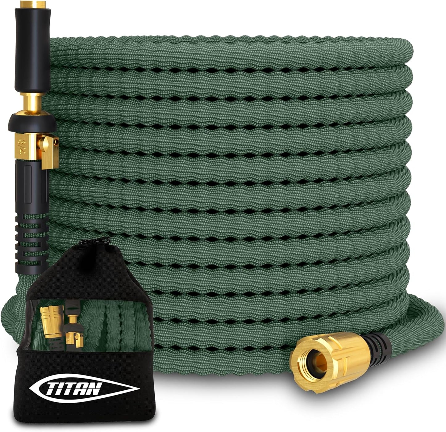 TITAN Flexible Garden Hose 10FT – Ultra Lightweight, Heavy Duty Water Hose with Brass Fittings & Jet Nozzle – Kink-Free, Non-Expanding, Durable Fabric Hose for Yard, Lawn, Car Wash, Outdoor Use