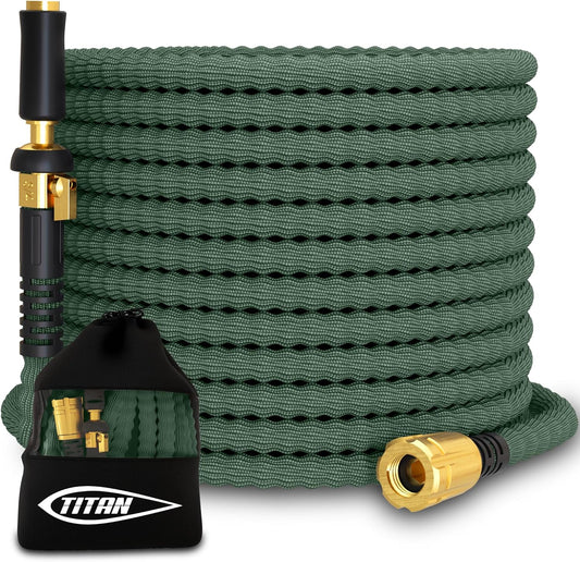 TITAN Flexible Garden Hose 10FT – Ultra Lightweight, Heavy Duty Water Hose with Brass Fittings & Jet Nozzle – Kink-Free, Non-Expanding, Durable Fabric Hose for Yard, Lawn, Car Wash, Outdoor Use