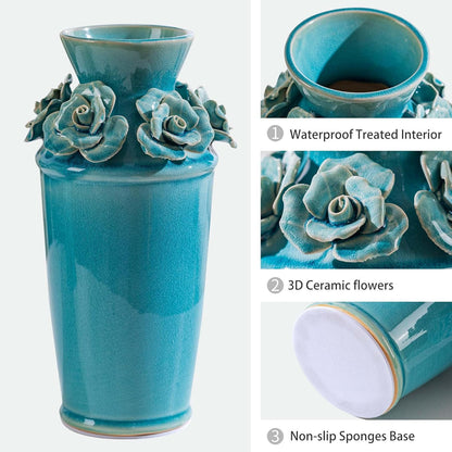 Handmade 3D Ceramic Flower Blue Bud Vase for Centerpieces, Decorative Blue Flower Vases for Wedding Reception, Home Decor, Living Room, Cottage Core Decor, Jarrones Decorativos para Sala 8.7 Inch