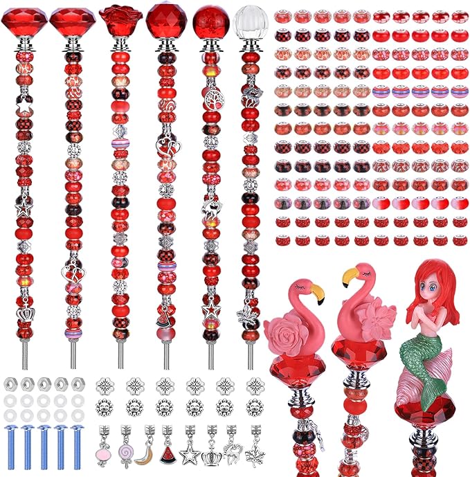 158 Pcs DIY Fairy Wand Garden Stakes Kit,Multiple Color Scheme European Beads Crystal Diamond Tops and 12 or 10 Inch Threaded Rods,Stainless Steel Stakes with Diamond Toppe (Red)
