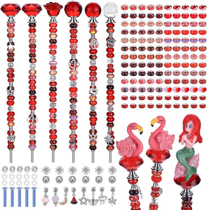158 Pcs DIY Fairy Wand Garden Stakes Kit,Multiple Color Scheme European Beads Crystal Diamond Tops and 12 or 10 Inch Threaded Rods,Stainless Steel Stakes with Diamond Toppe (Red)