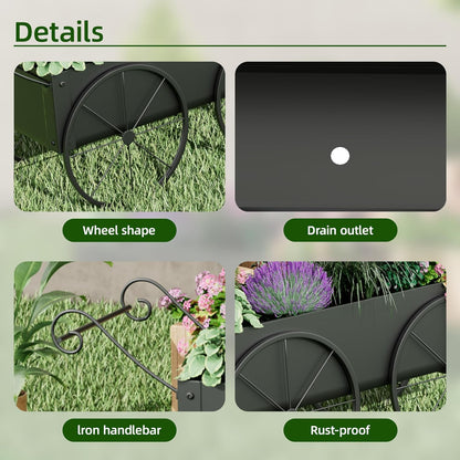 Metal Raised Garden Bed with Wagon Wheels, Small Wagon Planter Box Outdoor, Decorative Garden Planter Flower Cart for Flowers Herbs Vegetables, Patio and Balcony Decor (Black)