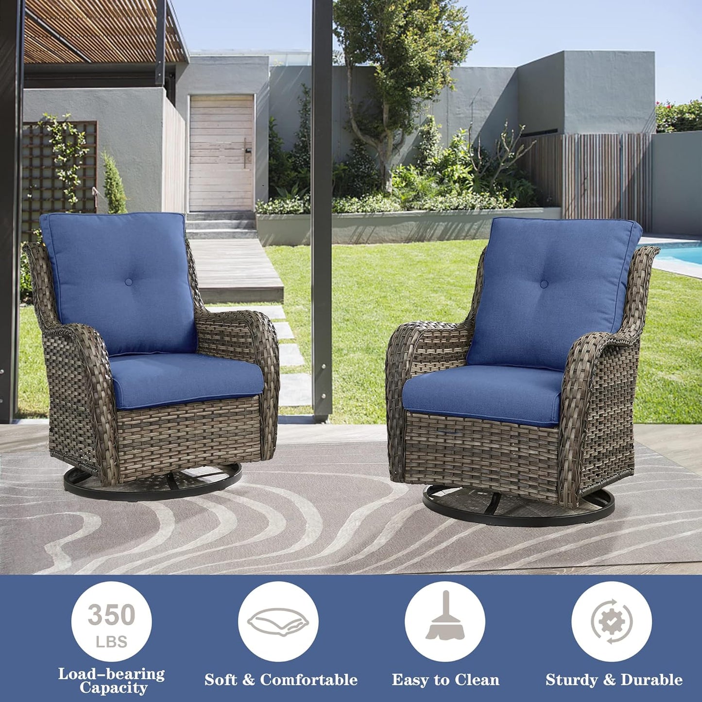 Outdoor Furniture Sectional Sofa L Shaped Couch - Patio Wicker Set with 2 Swivel Glider Chairs, 5 Piece Rattan Patio Conversation Sets with Blue Cushion for Deck Backyard Sunroom