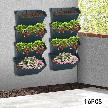 Vertical Wall Planter, Wall-Mounted Living Garden Planter with 16 Plastic Pots Stackable Wall Hanging Flower Pot Clasp Design for Vegetables Flowers (Army Green 16)