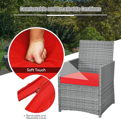 Tangkula 3 Pieces Patio Dining Set, Patiojoy Space-Saving PE Rattan Bistro Set with Tempered Glass Top Table and Cushioned Chairs, Outdoor Conversation Set for Garden, Backyard, Poolside, Porch (Red)