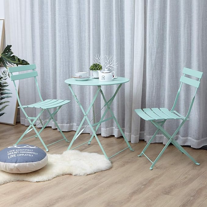 Grand patio 3-Piece Steel Foldable Bistro Set, 2 Chairs and 1 Table, Weather-Resistant Outdoor/Indoor Conversation Set for Patio, Yard, Garden-Macaron Blue