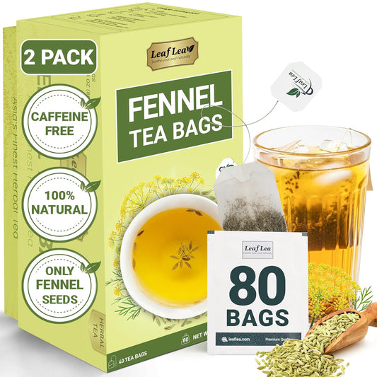 LeafLea 80 Premium Fennel Tea Bags, Pure Dried Fennel Seed Tea, Daily Ease & Balance, Naturally Sweet Taste, Caffeine-Free, Sugar-Free, Non-GMO, Vegan, Individually Wrapped