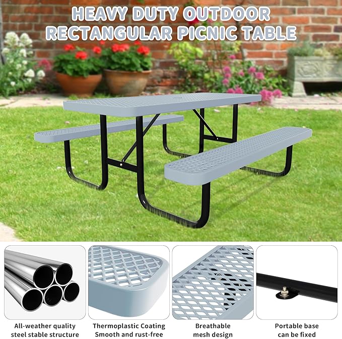 72'' Rectangular Steel Picnic Table for Outdoors,Commercial Metal Picnic Table Bench Set with Umbrella Hole,School Canteen Table W/Seats - Heavy Duty Sturdy Picnic Tables Furniture for Patio Garden