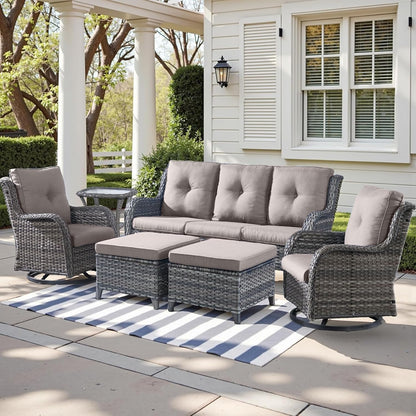 Outdoor Wicker Patio Furniture Set - 6 Piece Rattan Patio Conversation Set with 2 Rocking Swivel Chairs,2 Ottomans,1 Sofa and 1 Side Table for Porch Deck Backyard Garden(Mixed Grey/Grey)