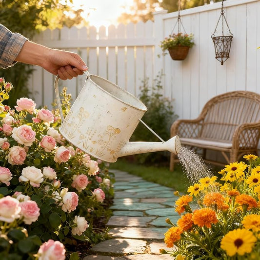 Vintage Metal Watering Can Planter with Embossed Floral - Distressed White Decorative Watering Pot for Indoor/Outdoor Flowers, Succulents & Herbs, Rustic Home Decor Accent