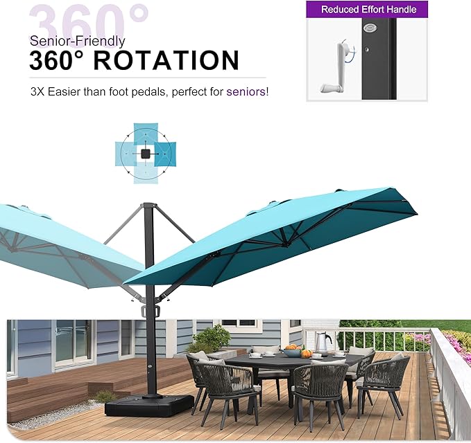 PURPLE LEAF 11 FT Square Patio Umbrella Large Outdoor Aluminum Offset Umbrella with 360-degree Rotation Cantilever Umbrella for Garden Deck Backyard Pool, Turquiose Blue
