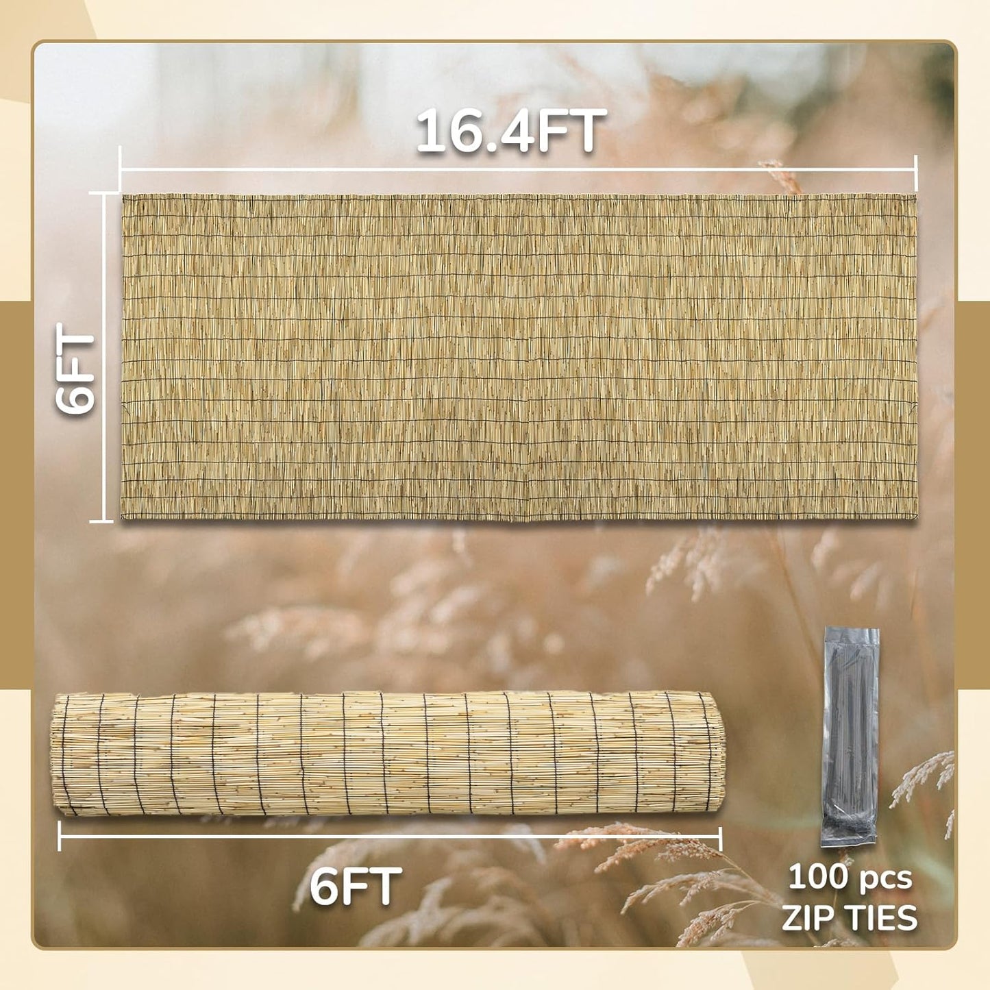 Natural 6FT X 16.4FT Reed Fencing Roll, Balcony Privacy Shade Reed Bamboo Fencing Garden Fence Border, Wind Block Sunshade Fence Screen for Outdoor Yard Patio Flower Bed Edge