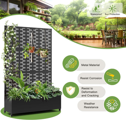 FENCY Metal Raised Garden Bed with Wheels and Trellis,73"x47"x16" Planter Box for Climbing Plants, Vegetables & Vines, Features Privacy Screen and Drainage Holes (Black-Brick)