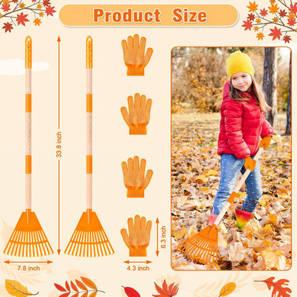 4 Pcs 35'' Kids Rakes for Leaves - Plastic Rake Head with 4 Pairs Kids Gloves, Small Kids Lawn Rakes Detachable Wooden Handle, Autumn Garden Tool Set for Kids Boys and Girls, Orange, 3yr+