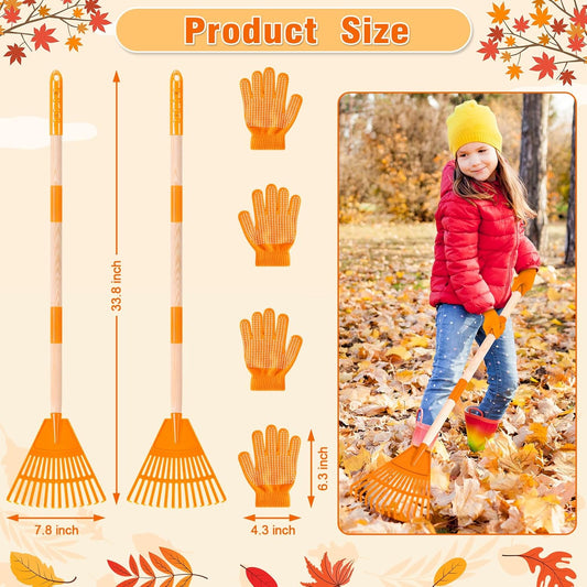 4 Pcs 35'' Kids Rakes for Leaves - Plastic Rake Head with 4 Pairs Kids Gloves, Small Kids Lawn Rakes Detachable Wooden Handle, Autumn Garden Tool Set for Kids Boys and Girls, Orange, 3yr+