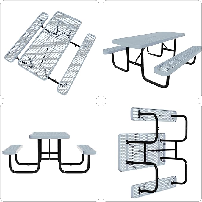 72'' Rectangular Steel Picnic Table for Outdoors,Commercial Metal Picnic Table Bench Set with Umbrella Hole,School Canteen Table W/Seats - Heavy Duty Sturdy Picnic Tables Furniture for Patio Garden