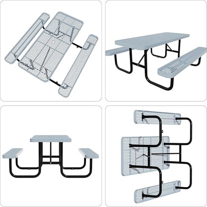72'' Rectangular Steel Picnic Table for Outdoors,Commercial Metal Picnic Table Bench Set with Umbrella Hole,School Canteen Table W/Seats - Heavy Duty Sturdy Picnic Tables Furniture for Patio Garden