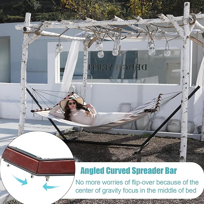 TegerDeger 12FT 2 Person Hammock with Stand Included 55 x 79IN Large Hammock Quick Dry 450LB Capacity with V Shaped Hardwood Spreader Bar & Nylon Rope for Outside, Patio, Garden - Tender Beige Stripes