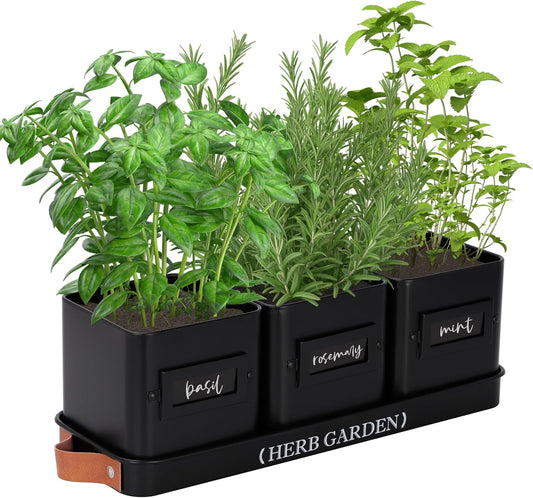 PERFNIQUE Indoor Herb Garden, Herb Planter Set with Tray, Farmhouse Indoor Plant Pots, Windowsill Herb Garden with Drainage(Planter only) for Indoor/Outdoor, Window Pots(Matte Black)