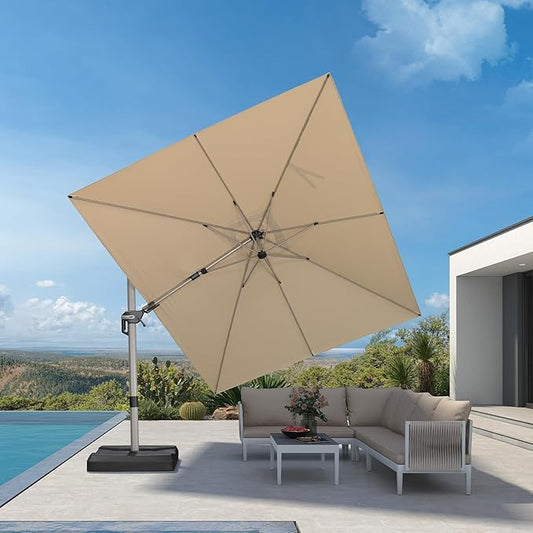 PURPLE LEAF 9' X 12' Left-right Tilting Patio Umbrella Outdoor Swivel Cantilever Umbrella Aluminum Offset Umbrella with Champagne Frame and 360-degree Rotation for Garden Deck Pool, Beige