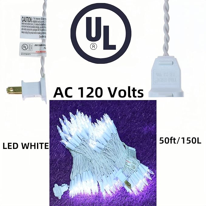 LUCKY SHINE 150 LED Cool White Christmas Lights, UL 50 FT White Wire Decorative Lighting String, for Indoor and Outdoor Party, Garden, Patio.