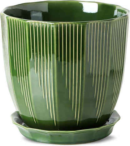 ADN Large 10 Inch Plant Pot Ceramic Planter Indoor Ceramic Pot with Drainage Hole and Saucer for Plants and Flowers, Green
