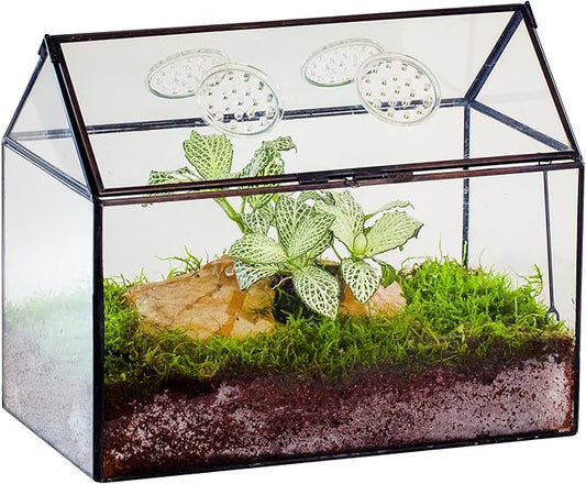 NCYP Glass Terrarium with Lid and Air Holes for Snails, Succulents Plants, Small Cactus - 10.2" x 5.9" x 8.2" House Shape Geometric Clear Box, Indoor Tabletop Decor Black (Terrarium Only)