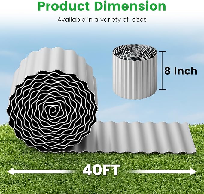 Bonviee 8” x 40’ Metal Landscape Edging Border Kit, Corrugated Garden Edging for Flower Bed, Lawn, Walkways, No Dig Paver Edging for Landscaping, Durable Garden Border Edging (Silver, 8In x 40Ft)