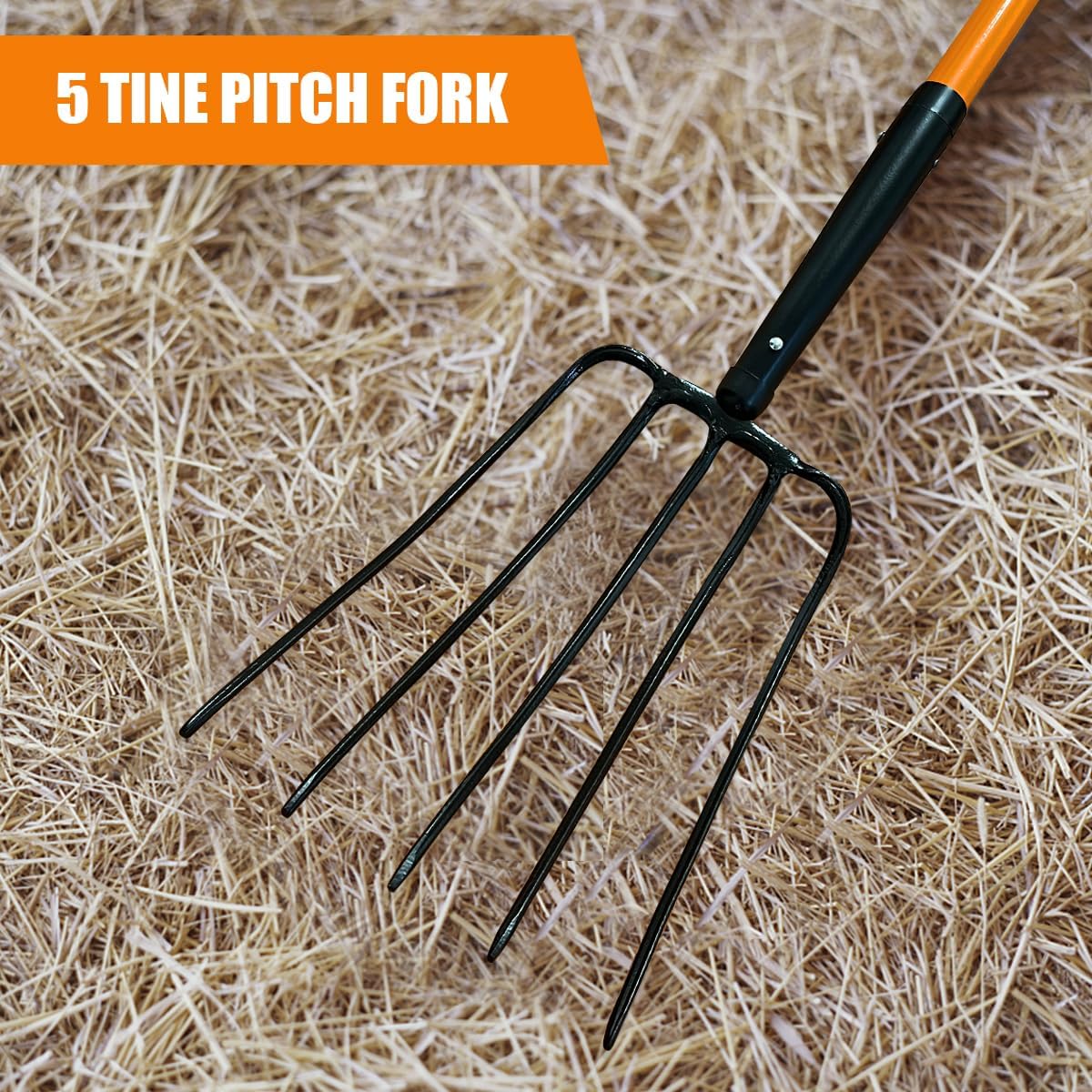 Pitch Fork for Gardening, 5 Tine Pitchfork Heavy Duty with Fiberglass Handle, 58 Inches
