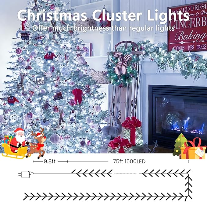 75FT 1500 LED Cluster Christmas Lights, Christmas Tree Lights Outdoor Indoor with 8 Modes & Timer & Remote, Firecrackers String Lights Waterproof for Garland Party Xmas Decorations, Cool White