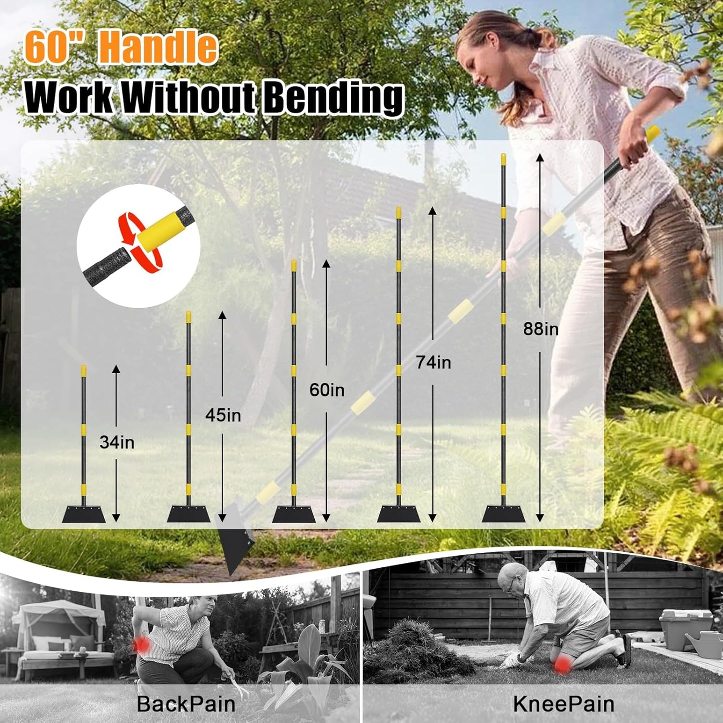 Garden Flat Shovel,74 inch Long Handle Manual Stand Weeding Tool with 2 Spades,Heavy Duty Multifunctional Garden Cleaning Shovel Spade,Floor Scraper for Weeding Edging Snow Ice Removal Tool