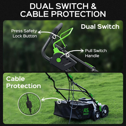 16-Inch 15.5 Amp 2-in-1 Electric Dethatcher and Scarifier with 14.5-Gallon Removable Thatch Collection Bag, Lawn Dethatcher with 5-Position Depth Adjustment, Quick-Fold, Keeps Lawn Healthy