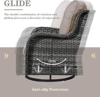 Outdoor Patio Furniture Set with 50000BTU Propane Fire Pit Table, 4 Pieces Wicker Patio Conversation Set with 2 Swivel Rocker Glider Chairs Rattan Sofa Grey Cushion Perfect for Gathering