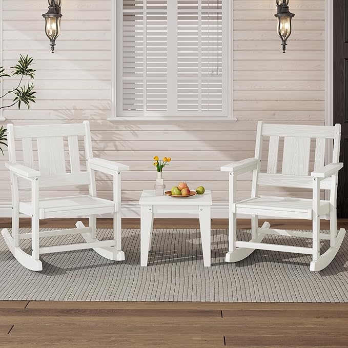 SERWALL Outdoor Rocking Bistro Set, HDPE Patio Furniture Set, Porch Rocking Chair Set with Table for Backyard, Balcony, and Garden- White