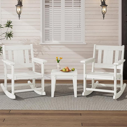 SERWALL Outdoor Rocking Bistro Set, HDPE Patio Furniture Set, Porch Rocking Chair Set with Table for Backyard, Balcony, and Garden- White
