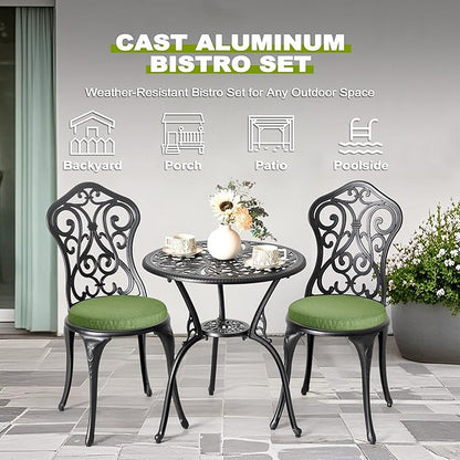 NUU GARDEN Patio 3-Piece Bistro Set with Cushions, Patio Chairs and Outdoor Round Table with Umbrella Hole, Cast Aluminum Patio Set for Lawn, Garden, Porch, Poolside, Black