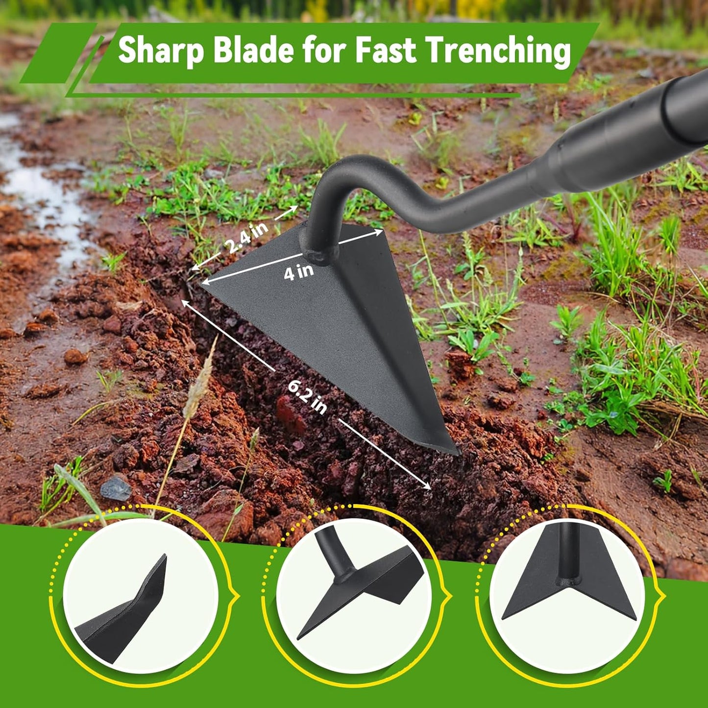 Garden Hoe, Heavy Duty Plow Hoe Garden Tool for Plowing,Cultivating, Trenching, Ridging, Weeding, Loosening Soil, 55 Inch Long Handle, V Shaped Sharp Triangle Hoe, Gardening Hand Tools