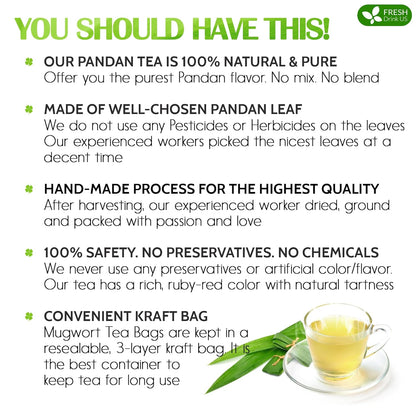 FreshDrinkUS, Premium 55 Pandan Leaf Tea Bags, 100% Natural & Pure from Pandan Leaves. Loose Leaf Pandan Herbal Tea. Made with Natural Material Tea Bags. No Sugar, No Caffeine, No Gluten, Vegan.