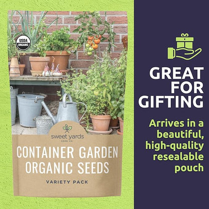 Organic Container Garden Seeds Variety Pack - 10 Individual Packs - 2025 Season - Ruquette arugula, Genovese Basil and More! for Indoor & Outdoor Planting (Non-GMO, Certified Organic)