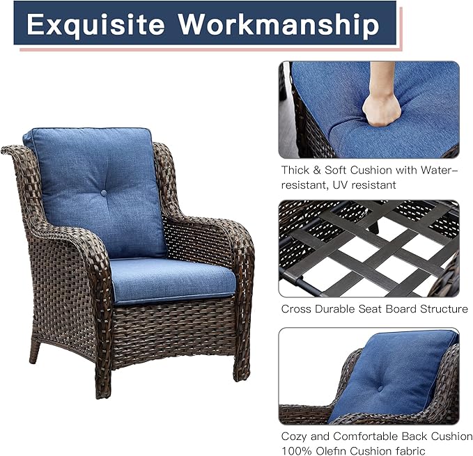 Rilyson Outdoor Wicker Patio Chairs Set of 2: High Back, Deep Seating, Wide Armrest, Thick Comfort Cushions, Ideal for Porch Deck Backyard Garden(Brown/Blue)