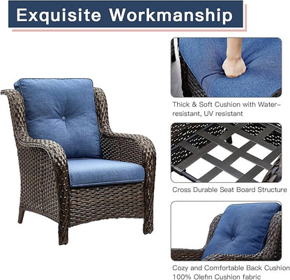 Rilyson Outdoor Wicker Patio Chairs Set of 2: High Back, Deep Seating, Wide Armrest, Thick Comfort Cushions, Ideal for Porch Deck Backyard Garden(Brown/Blue)