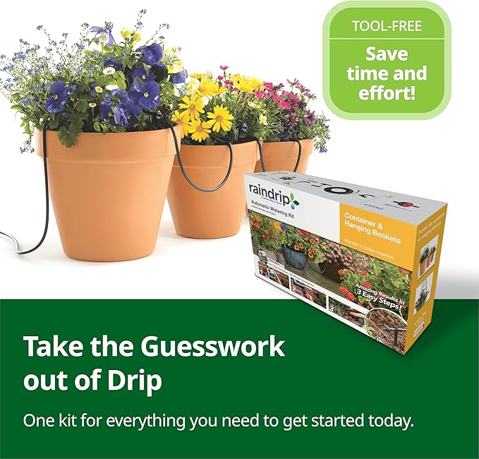 Raindrip R560DP Automatic Drip Irrigation Watering Kit with Timer for Containers and Hanging Baskets, Waters up to 20 Plants, Includes Timer with Customizable Settings and 20 PC Drippers Black