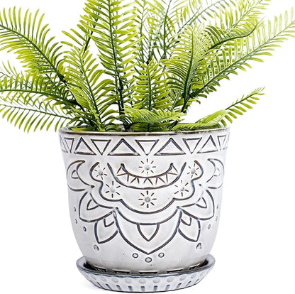 VanEnjoy 5.9 inch Round Bohemian Style Ceramic Planter, Geometry Engrave Off White Brown Succulent Planter Flower Pot, Indoor Outdoor Decorative Planter