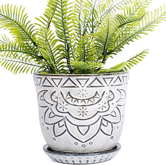 VanEnjoy 5.9 inch Round Bohemian Style Ceramic Planter, Geometry Engrave Off White Brown Succulent Planter Flower Pot, Indoor Outdoor Decorative Planter
