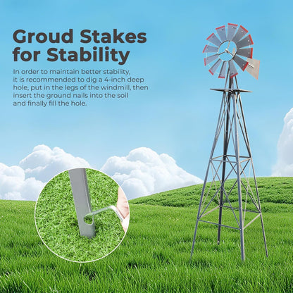 Outvita 8FT Ornamental Windmill, Heavy Duty Durable Metal Weather Vane Garden Decoration Weather Resistant for Garden, Yard, Farm, Seaside (8ft-Gray)