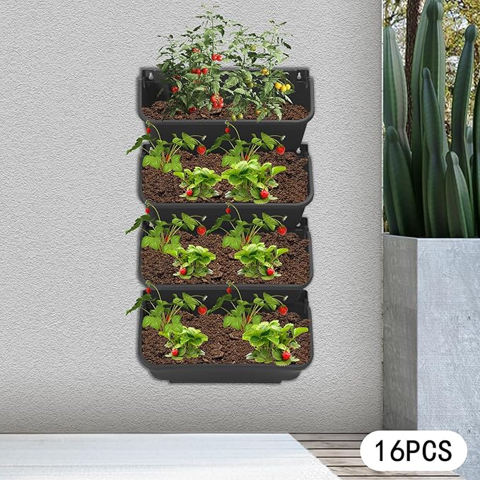 16 Pack Wall-Mounted Vertical Wall Planter Stackable Wall Planter Indoor Outdoor, Garden Self Watering Wall-Mounted Plastic Planter Plant Flower Pot Holder for Vegetable Fruit Herb
